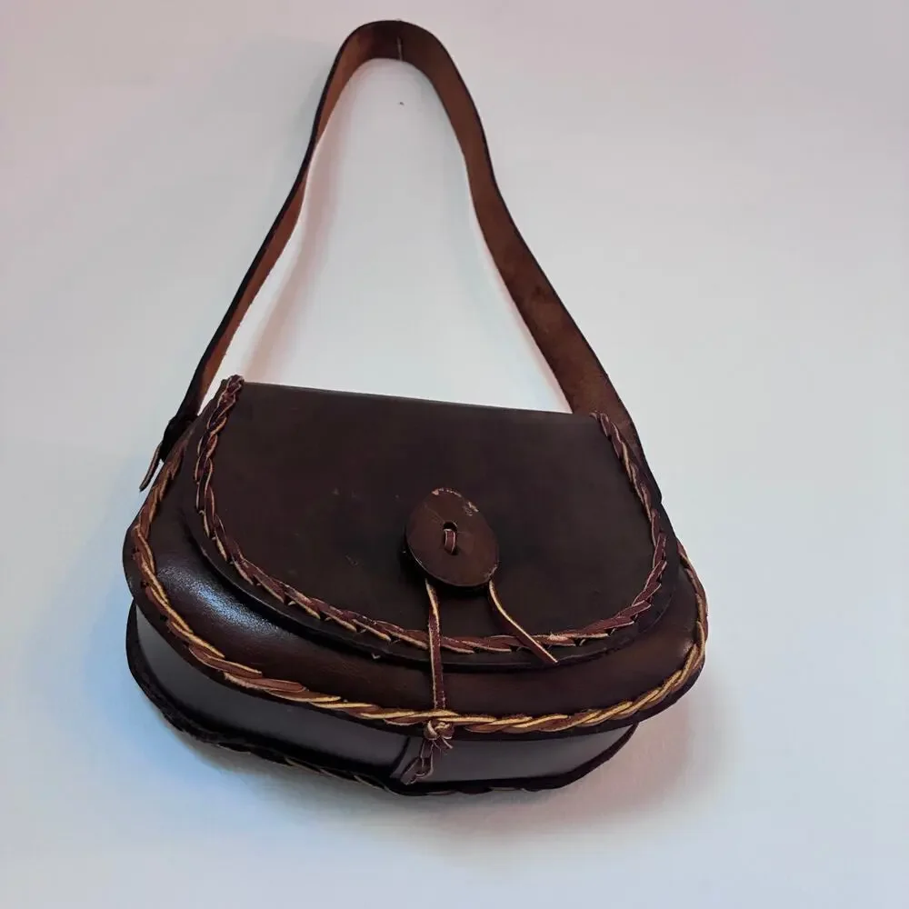 Vintage Handmade Brown Leather Saddle Bag Crossbody | Boho Western Artisan Purse - Picture 5 of 16